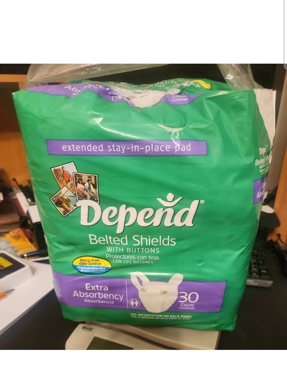 Depend Belted Shields with Buttons - Green & Purple Packaging